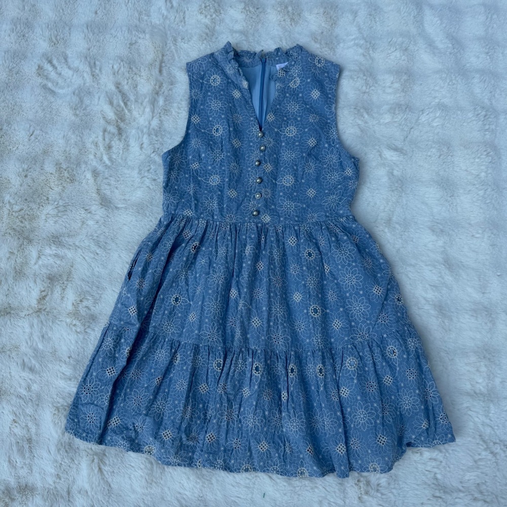 Karlie Blue Cotton Eyelet Tiered Mini Dress Sleeveless Pearl Buttons Womens M